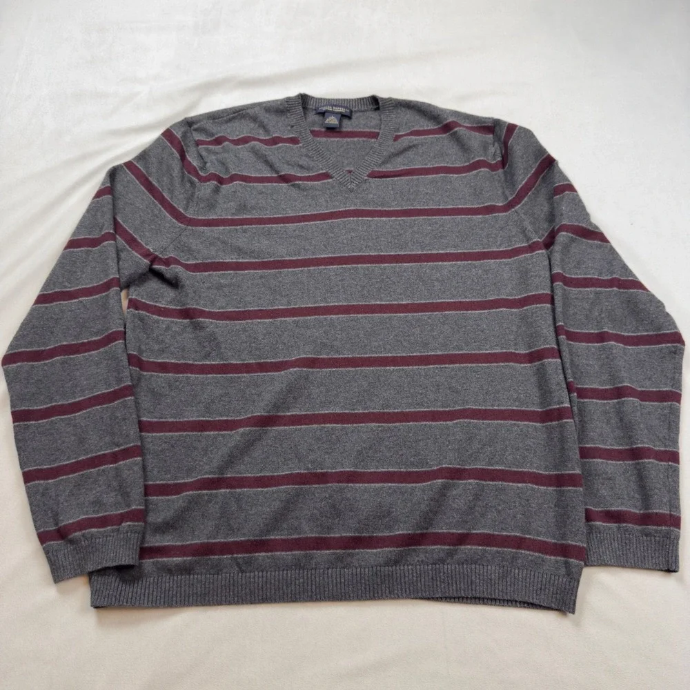 Banana Republic Mens L Cotton Cashmere V-Neck Striped Sweater Grey Burgundy